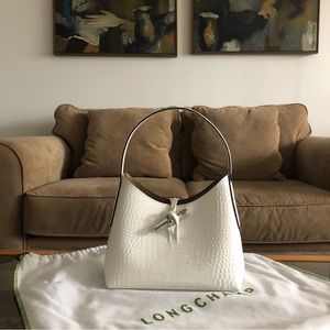 Longchamp White Croc Roseau XS Shoulder Bag (Like New)